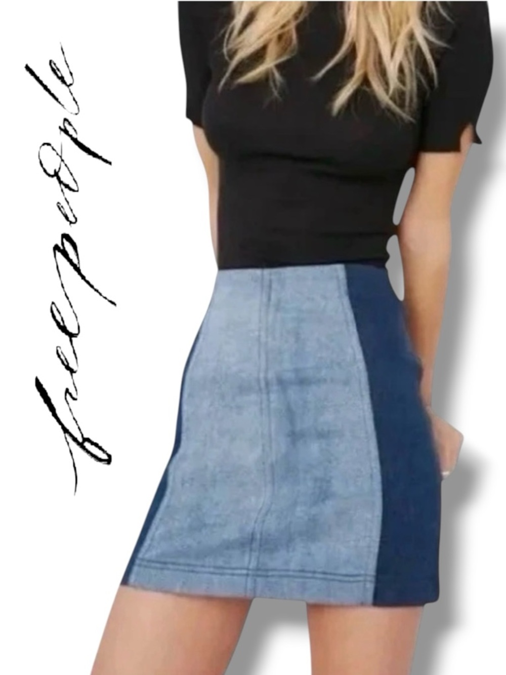 Free People Modern Femme Color Block Chambray Mini Skirt Dark Blue Size 2